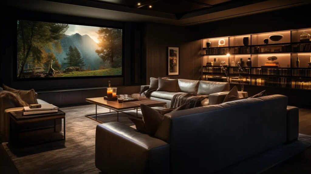 Media room with a big screen lighted bookshelf